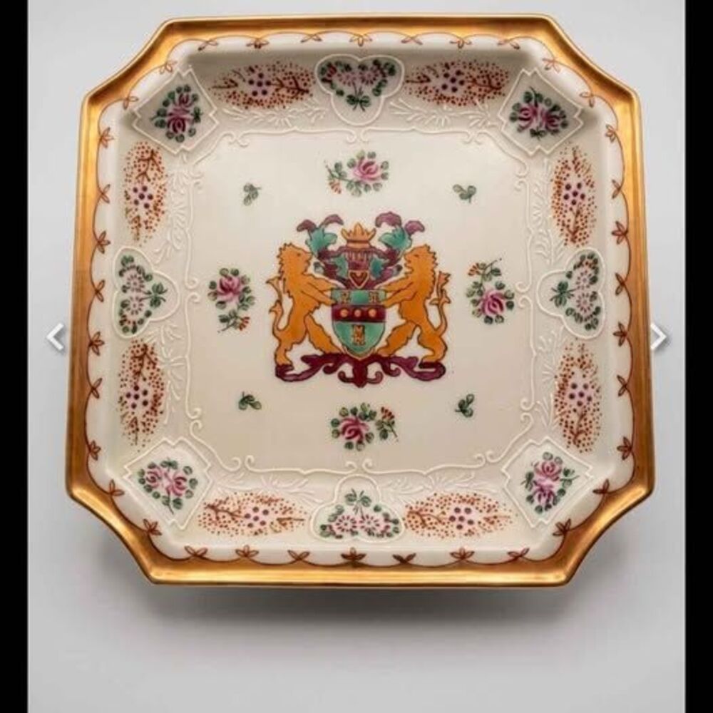 Vintage Porcelain Crested Square Dish Elegant Decorative Serving Tray - Picture 1 of 1